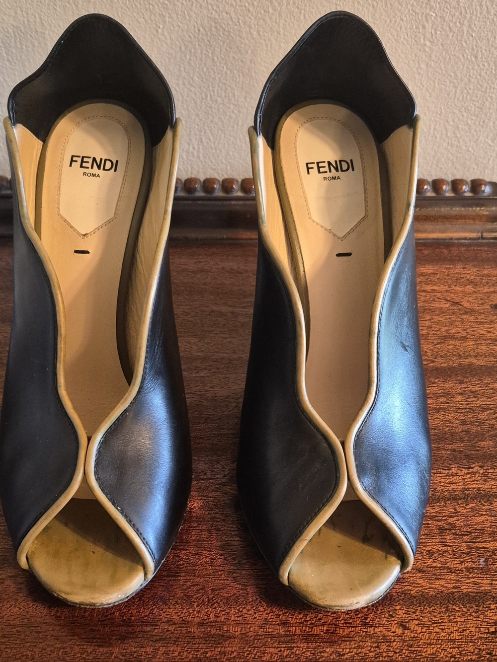 Fendi Blue White Peep-Toe Leather Heels